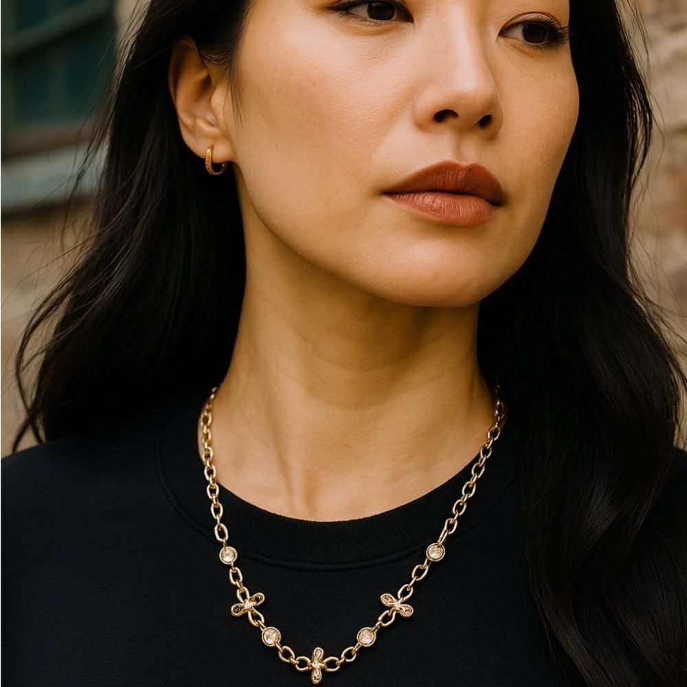 SAQ Silver-Tone Crystal Flower Link Necklace w/ Adjustable Chain